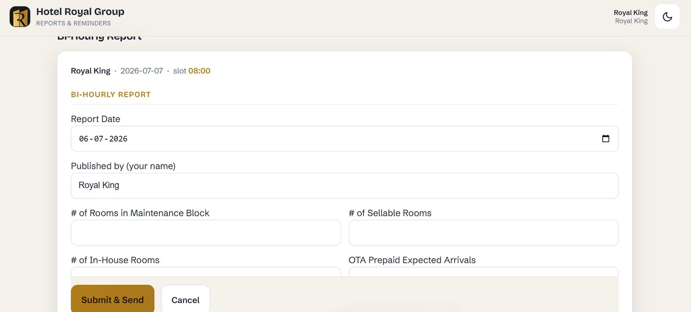 Daily Reporting app: Bi-hourly report form